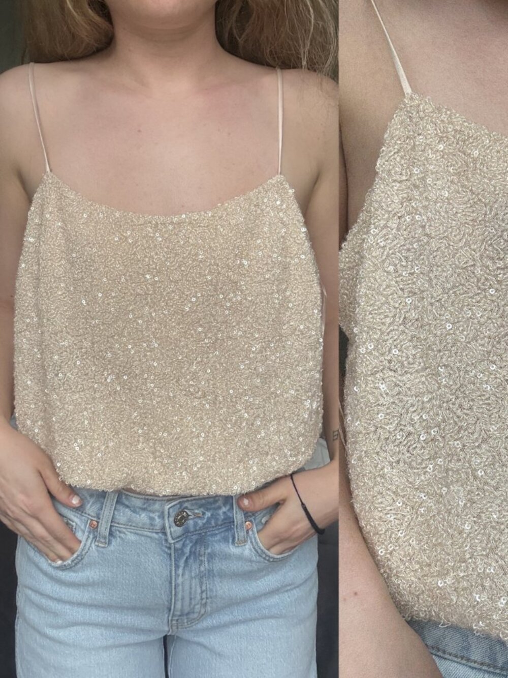 Mango Gold Sequin Bubble Hem Cropped Tank Top